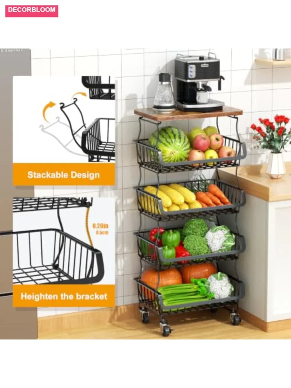 5 Tier Rolling Fruit Vegetable Storage Cart Wood Top Lockable Wheels Kitchen